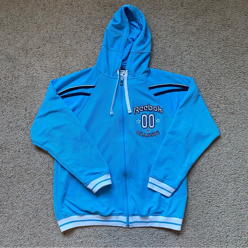 reebok blue & white zip up hoodie